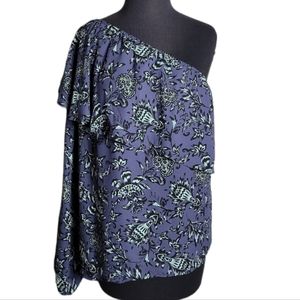 Belle & Sky one shoulder ruffle floral top women's size XL boho purple green